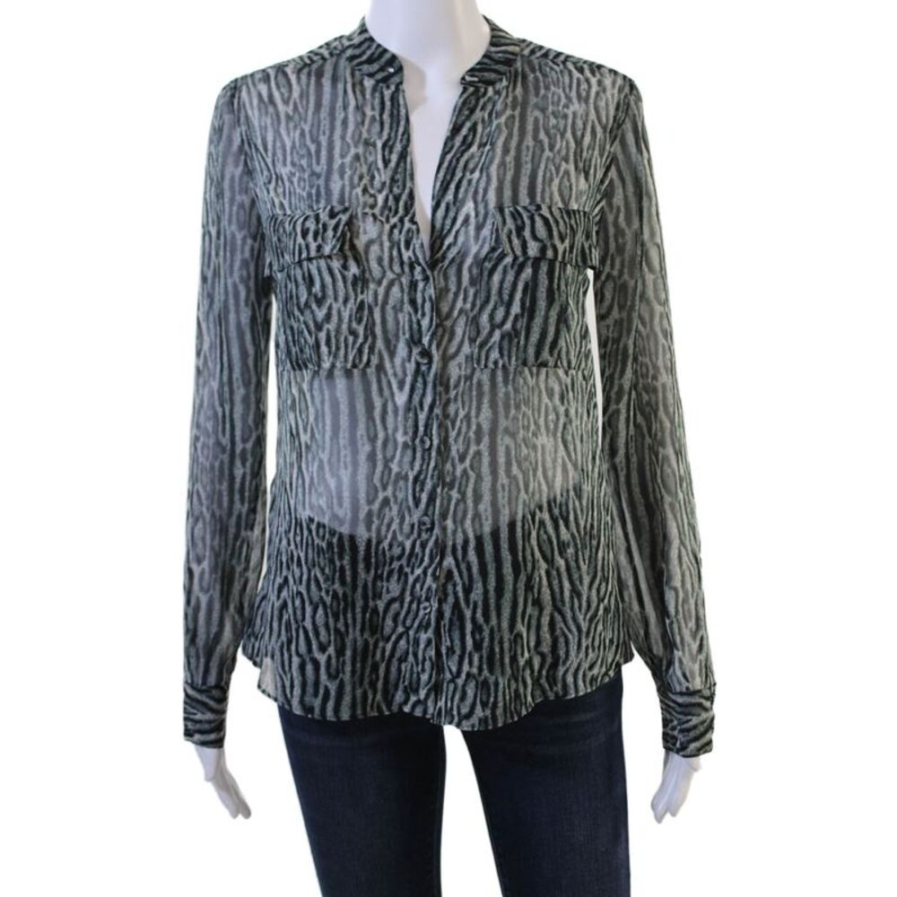 BCBG Max Azria Women Black Animal Print V-Neck Button-Up Blouse Size 2XS